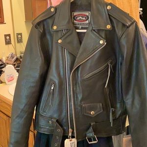 Black motorcycle leather riding jacket